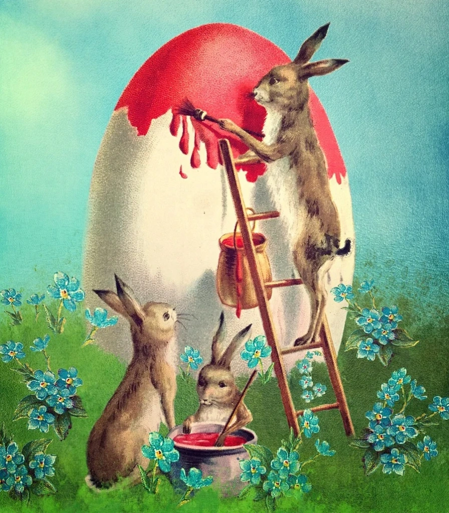 Easter Bunnies Painting an Egg
